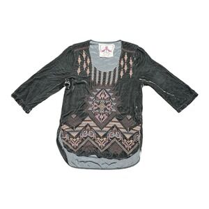 Johnny Was Silk Rayon Aztec Embroidered Tunic Gray Velvet Top Women's‎ S